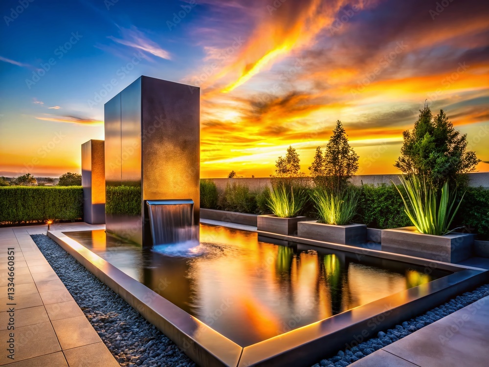 Silhouette of Modern Garden Feature at Sunset - Contemporary Landscape Design