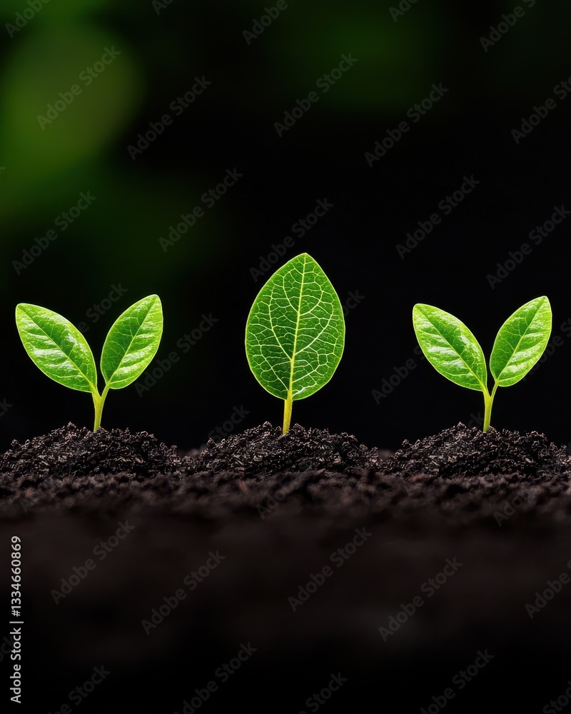 Fototapeta premium Emerging seedlings symbolizing growth and renewal against dark soil backdrop.