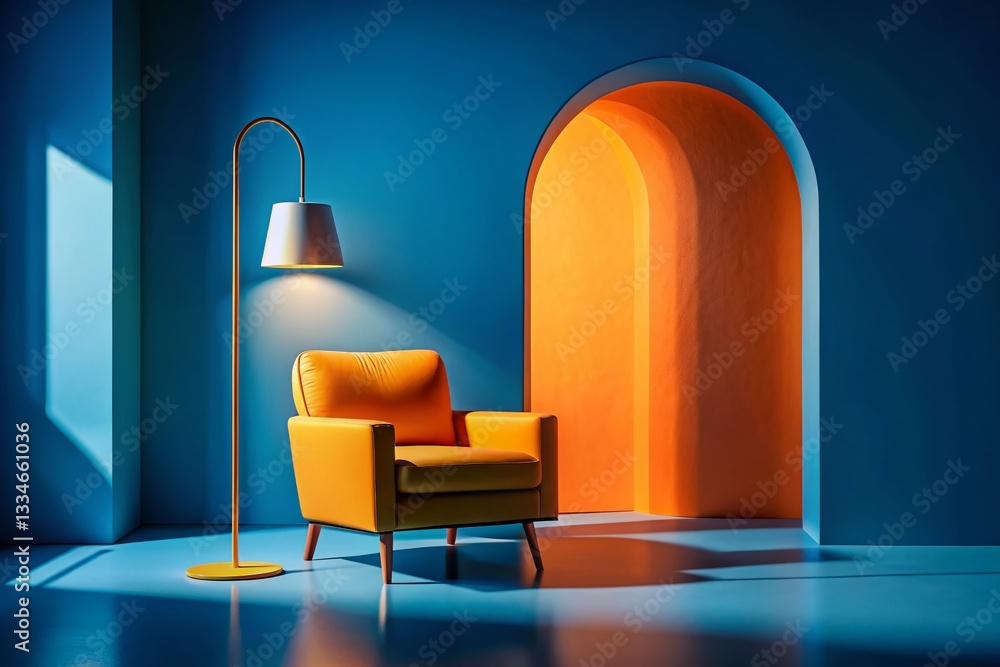 Silhouette of Orange Armchair & Yellow Arch in Blue Room, 3D Rendered Interior Design Stock Photo