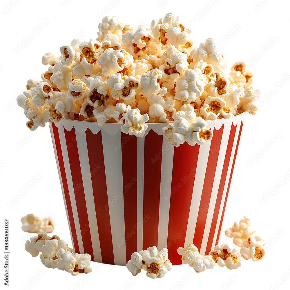 A Fluffy 3D Cartoon Popcorn Bucket Overflowing with Popcorn Isolated on Transparent Background A Fluffy 3D Cartoon Popcorn Bucket Overflowing with Popcorn Isolated on Transparent Background