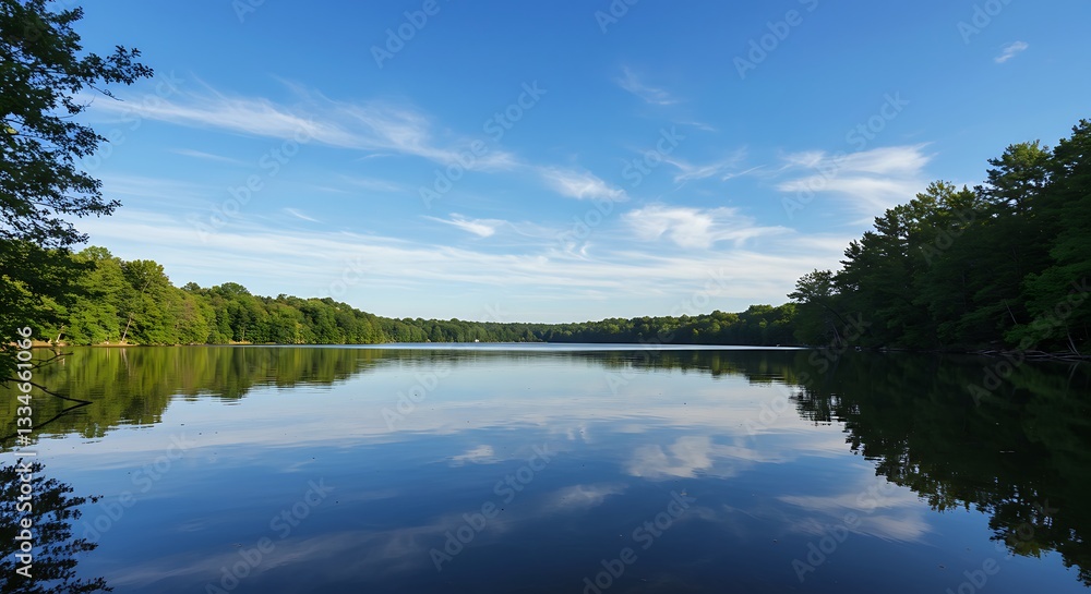 Obraz premium Idyllic lakeside scenery with trees and sky reflected in calm water, perfect for promoting travel, nature, and tranquility