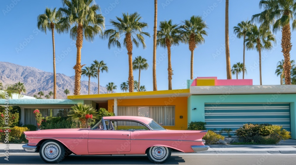 Classic pink car parked in front of colorful mid-century modern houses under sunny skies in Palm Springs