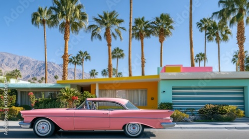 Obraz na płótnie Classic pink car parked in front of colorful mid-century modern houses under sunny skies in Palm Springs w salonie