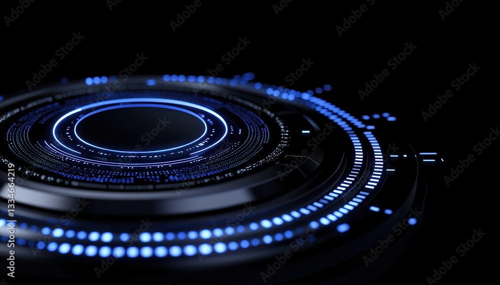 Futuristic circular interface with glowing blue indicators on a dark background. Futuristic circular interface with glowing blue indicators on a dark background.