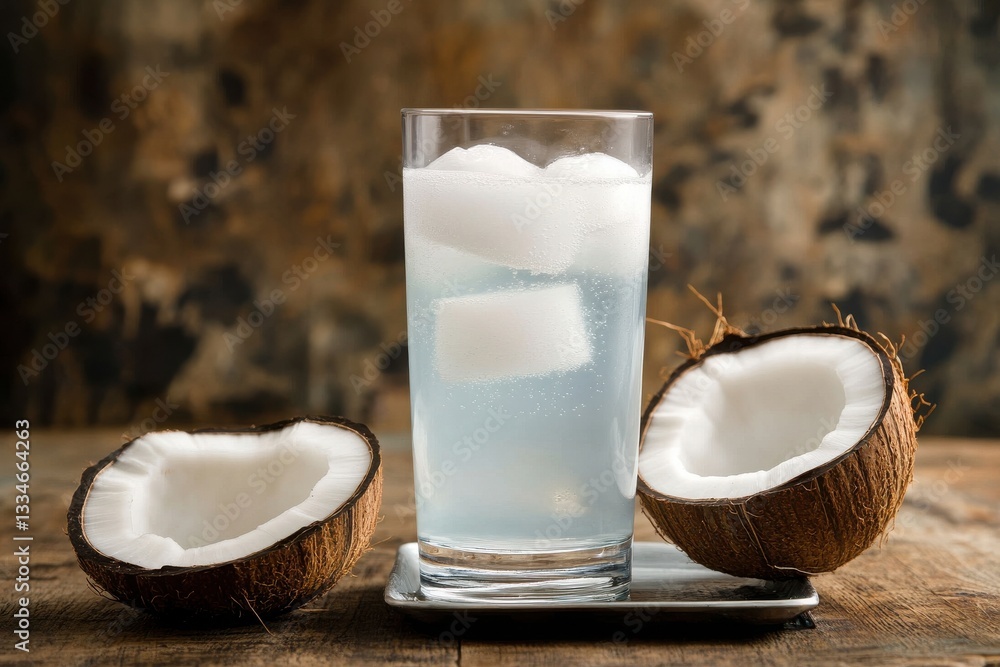 A refreshing coconut water drink with ice cubes served with fresh coconut halves on wood table A refreshing coconut water drink with ice cubes served with fresh coconut halves on wood table