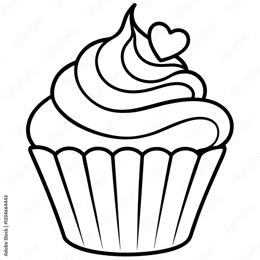 Elegant Heart-Iced Cupcake Outline Elegant Heart-Iced Cupcake Outline