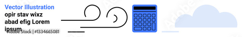 Calculator, abstract wind swirls, and cloud element suggest patterns, analysis, movement, and data processing. Ideal for finance, technology, energy weather sustainability education simple