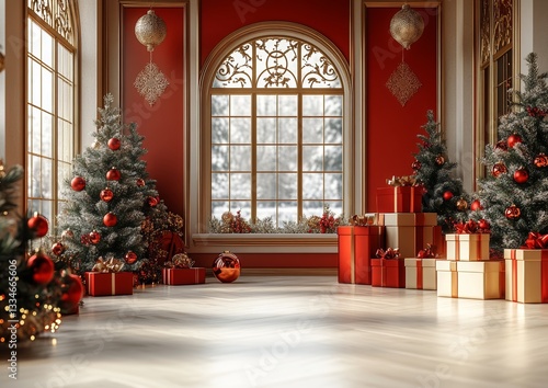 Wallpaper Mural Elegant Christmas Scene: Festive Christmas Trees and Wrapped Presents in a Luxurious Red and Gold Room with Snowy Window View Torontodigital.ca