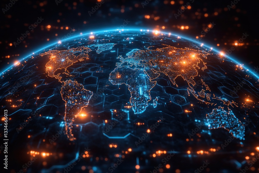 Futuristic Digital World Map with Glowing Hexagonal Patterns and Ambient Lighting for Global Connectivity Futuristic Digital World Map with Glowing Hexagonal Patterns and Ambient Lighting for Global Connectivity