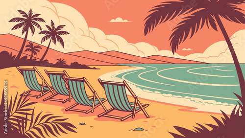 deck chairs on tropical beach at sunset summer sea
