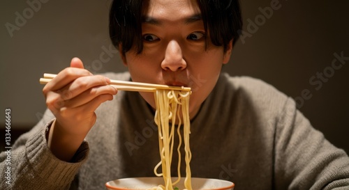 Man enjoying a bowl of noodles with chopsticks in a cozy setting photo