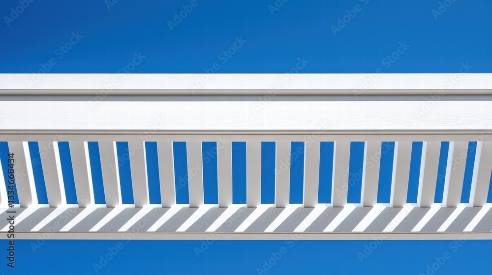 White Wooden Pergola, Blue Sky, Shadow Stripes White Wooden Pergola, Blue Sky, Shadow Stripes
