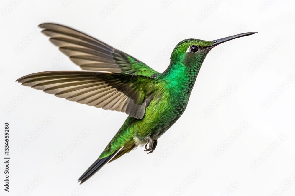 Fototapeta premium green crowned brilliant flying hummingbird isolated on white background