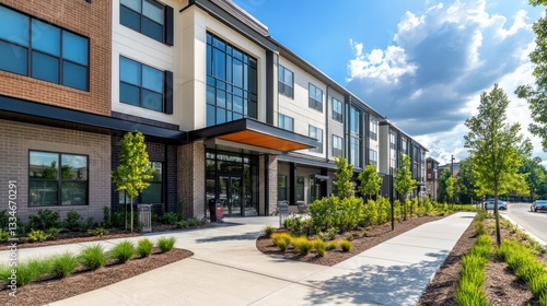Contemporary apartment complex featuring landscaped grounds and leasing office