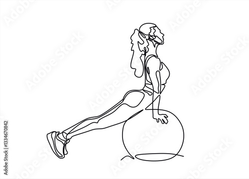 Single one line drawing woman posing with the help of fitness ball. Medicine ball. Helps muscles and spine. Training balance. Exercising. Pilates Day. Continuous line design graphic illustration
