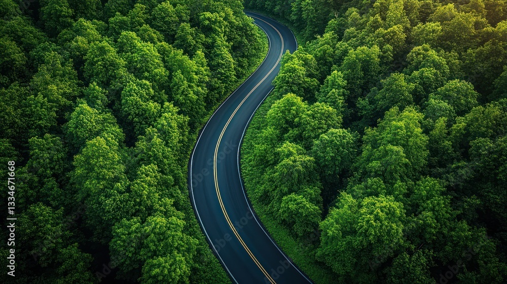 Aerial view of winding asphalt road through dense green forest with car in beautiful countryside landscape Aerial view of winding asphalt road through dense green forest with car in beautiful countryside landscape