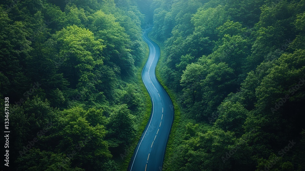 Aerial view of winding road through lush green forest with car driving on asphalt surrounded by trees Aerial view of winding road through lush green forest with car driving on asphalt surrounded by trees