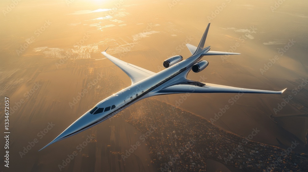 Obraz premium Futuristic supersonic jet soaring high above the landscape during golden hour