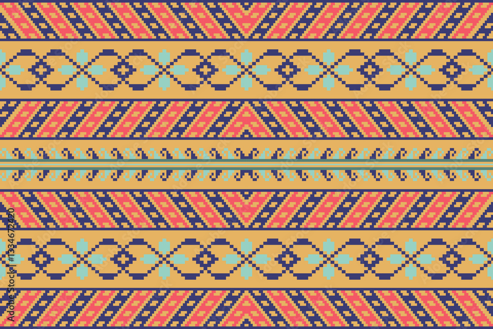 Cross stitch and ikat geometric seamless pattern ethnic oriental traditional background.carpet,wallpaper,clothing,wrapping,batik,fabric,vector illustration oriental geometric art pattern embroidery