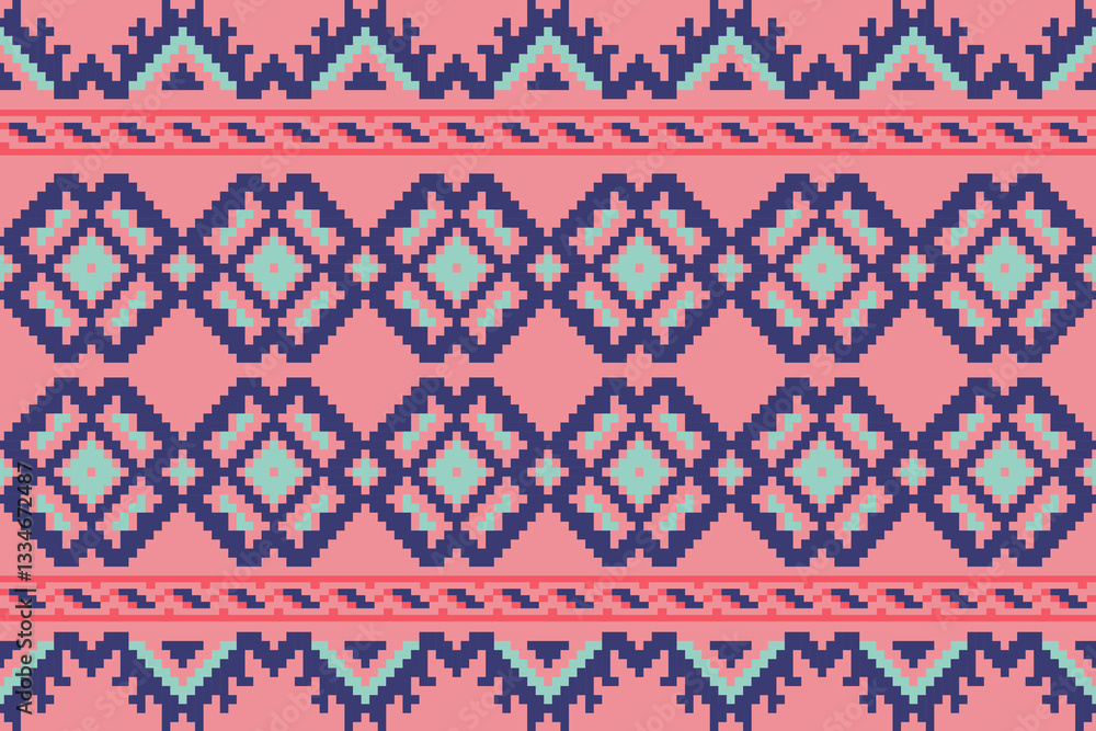 Cross stitch and ikat geometric seamless pattern ethnic oriental traditional background.carpet,wallpaper,clothing,wrapping,batik,fabric,vector illustration oriental geometric art pattern embroidery