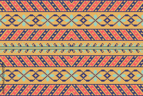 Obraz na płótnie Cross stitch and ikat geometric seamless pattern ethnic oriental traditional background.carpet,wallpaper,clothing,wrapping,batik,fabric,vector illustration oriental geometric art pattern embroidery w salonie