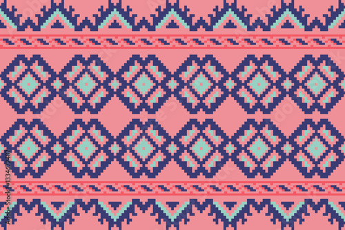 Obraz na płótnie Cross stitch and ikat geometric seamless pattern ethnic oriental traditional background.carpet,wallpaper,clothing,wrapping,batik,fabric,vector illustration oriental geometric art pattern embroidery w salonie