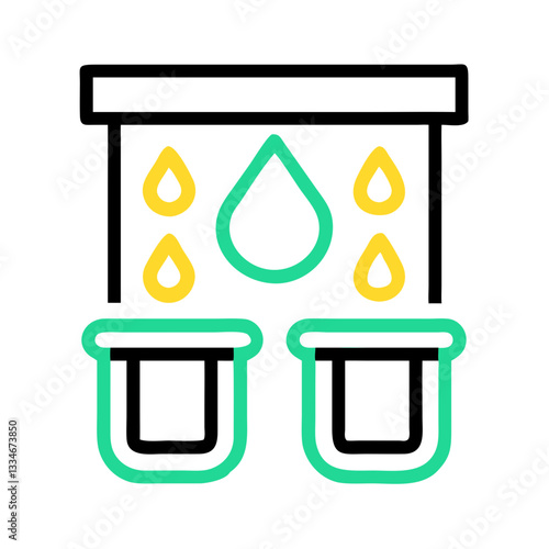 Rainwater collection system icon with drops and containers symbolizing water conservation, reducing the load on water supply, alternative sources
