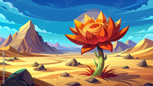 Bright desert flower standing out in a vast sandy wasteland