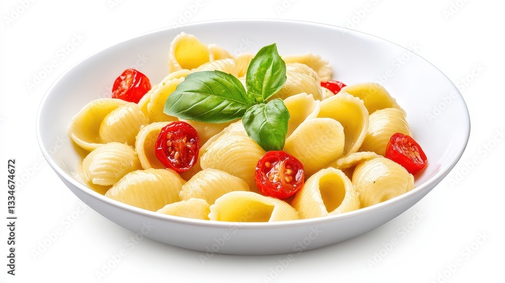 A delicious bowl of pasta with cherry tomatoes and fresh basil, presented in a white dish, perfect for a tasty meal. A delicious bowl of pasta with cherry tomatoes and fresh basil, presented in a white dish, perfect for a tasty meal.
