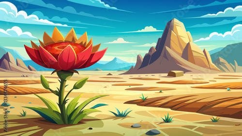 Bright desert flower standing out in a vast sandy wasteland