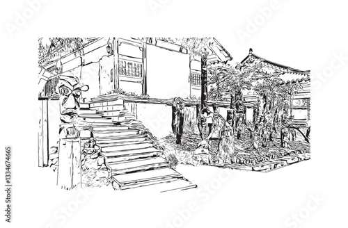 Print Building view with landmark of Chuncheon city South Korea. Hand drawn sketch illustration in vector.