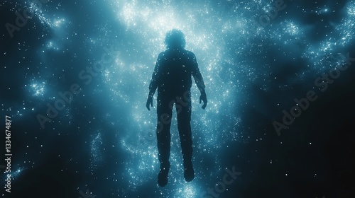 Person Floating in Space with a Glowing Aura – Surreal Cosmic Scene in Zero Gravity