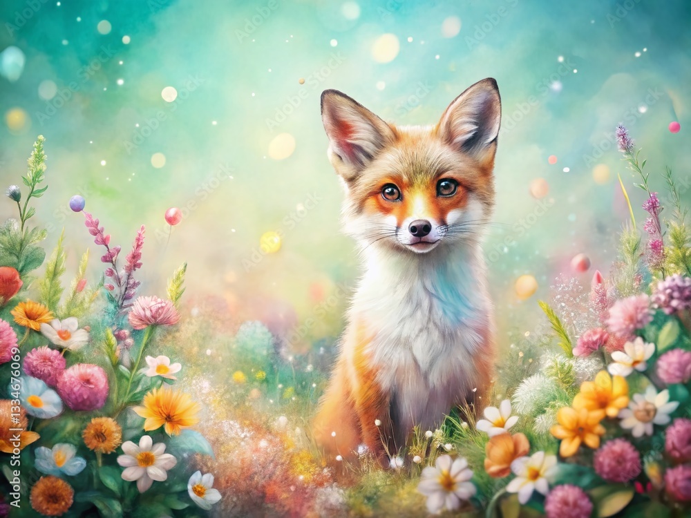 Fototapeta premium Spring Fox Watercolor Clipart: Adorable Fox with Flowers and Bokeh Background