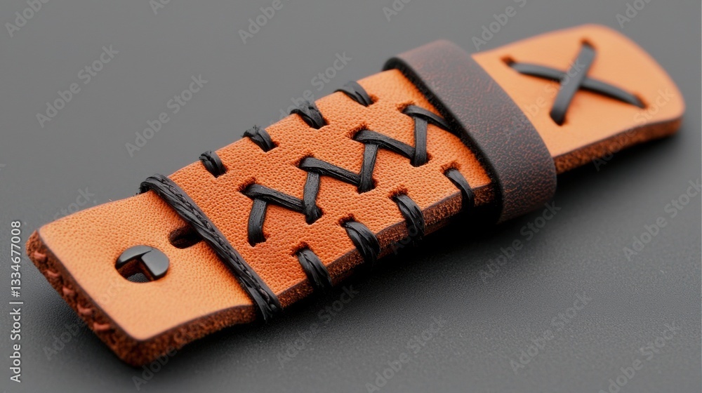 A leather strap with a black cross-stitch pattern.