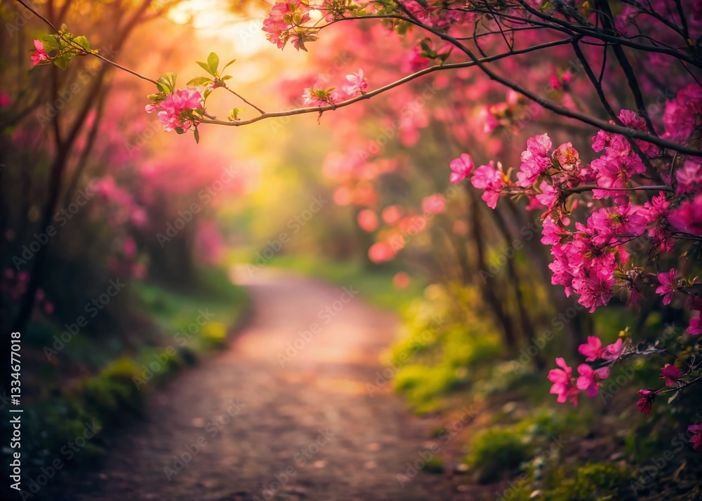 Naklejka premium Spring Hiking Trail Pink Flowers - Low Light Photography
