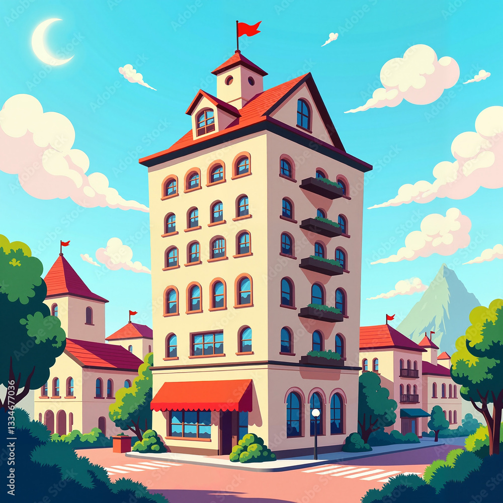 Fototapeta premium Charming building with red flags in a sunny urban landscape 