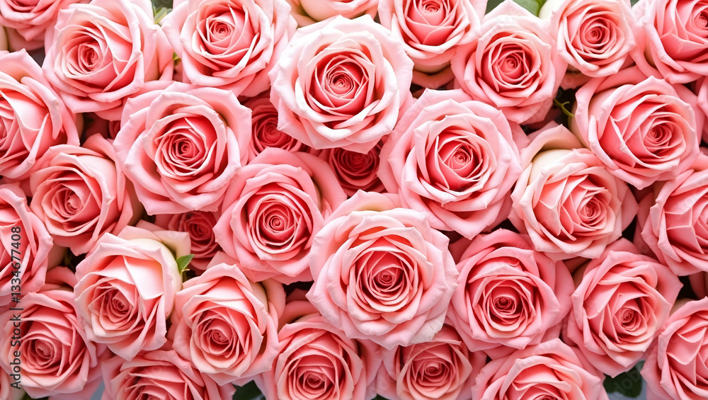 Fototapeta premium Natural fresh pink roses arranged in pattern for wallpaper top view of pink rose flowers as wall background. concept as Natural fresh pink roses arranged in pattern for wallpaper top view of pink rose