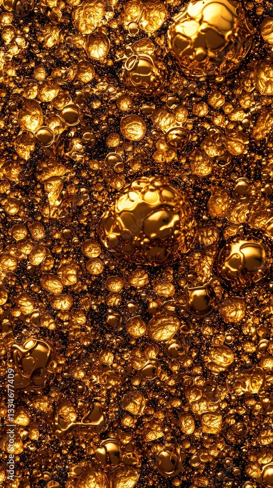 Abstract gold bubbles reflect light, showing details and depth in dark backdrop Abstract gold bubbles reflect light, showing details and depth in dark backdrop