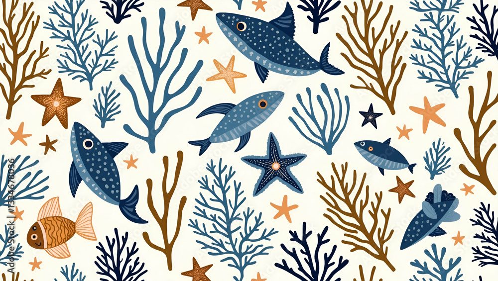 Obraz premium Seamless Flat Ocean-Inspired Tile Pattern Featuring Coral Reefs and Sea Creatures for Coastal Decor - Perfect for Summer Vibes in Your Interior Design