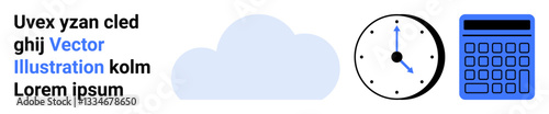 Cloud, clock, and calculator icons paired with textual elements. Ideal for business, tech, time tracking, productivity, cloud computing, digital tools and simple landing page