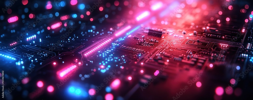 Obraz premium Futuristic Cyberpunk Circuit Board Design with Neon Lights and Digital Connections