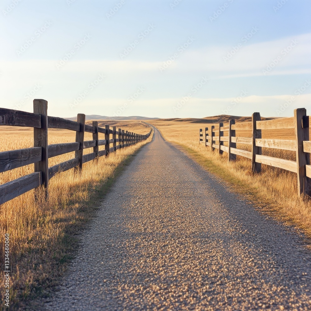 Obraz premium Dirt road lined with wooden fences stretches through golden fields