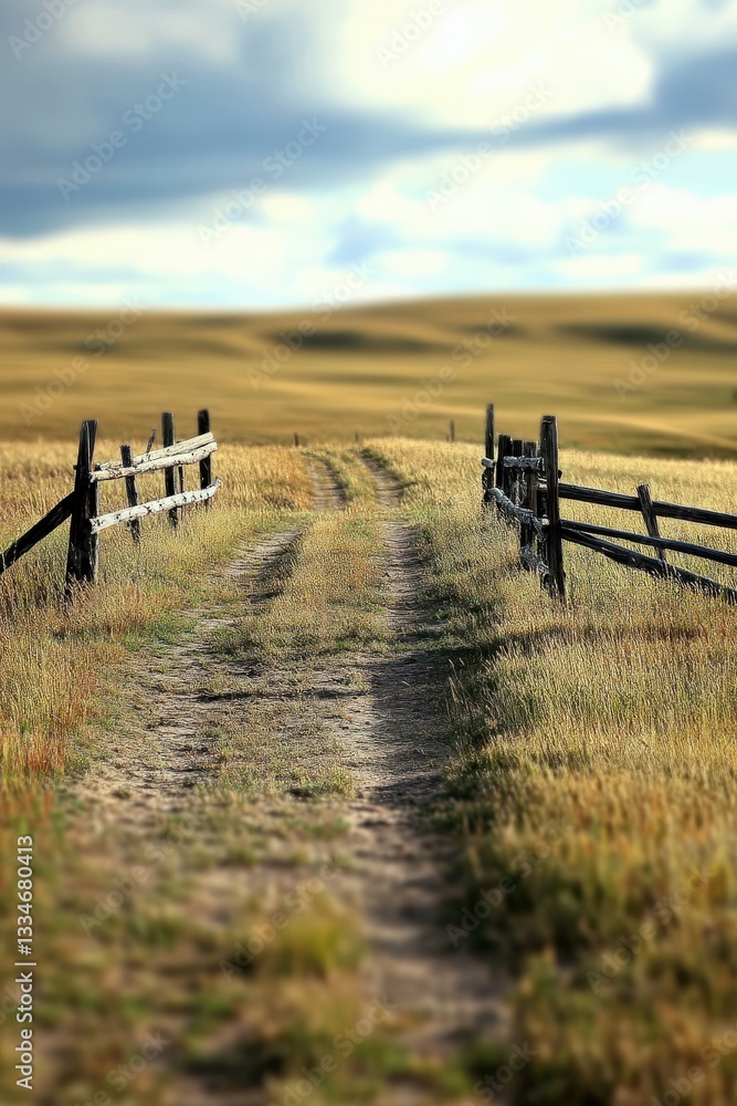 Obraz premium Exploring a serene dirt road through open fields under a cloudy sky