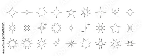 Stars icon set. Abstract linear star set, geometric sparks and sparkle silhouette symbols, minimalist decorative retro starlight signs different shapes. Vector isolated collection