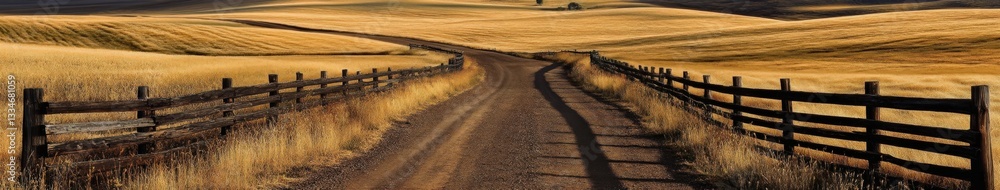 Obraz premium Dirt road winding through golden fields under a clear sky