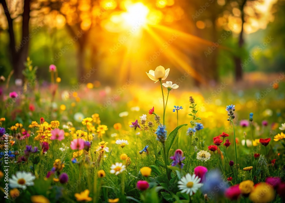 Fototapeta premium Spring Renewal: Tilt-Shift Miniature Flower Meadow in Soft Sunlight