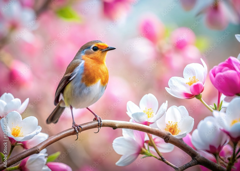 Spring Robin & Magnolia Blossoms: Minimalist Bird Illustration Spring Robin & Magnolia Blossoms: Minimalist Bird Illustration