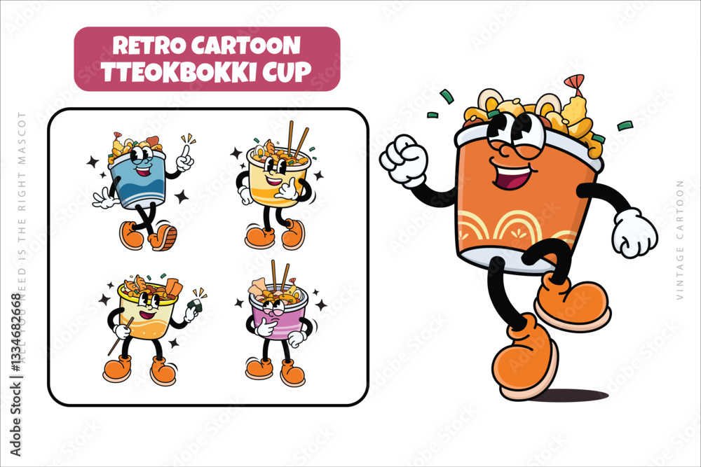 Fototapeta premium Set of Korean Traditional Street Food Tteokbokki Cartoon Illustration with Varied Poses and Expressions
