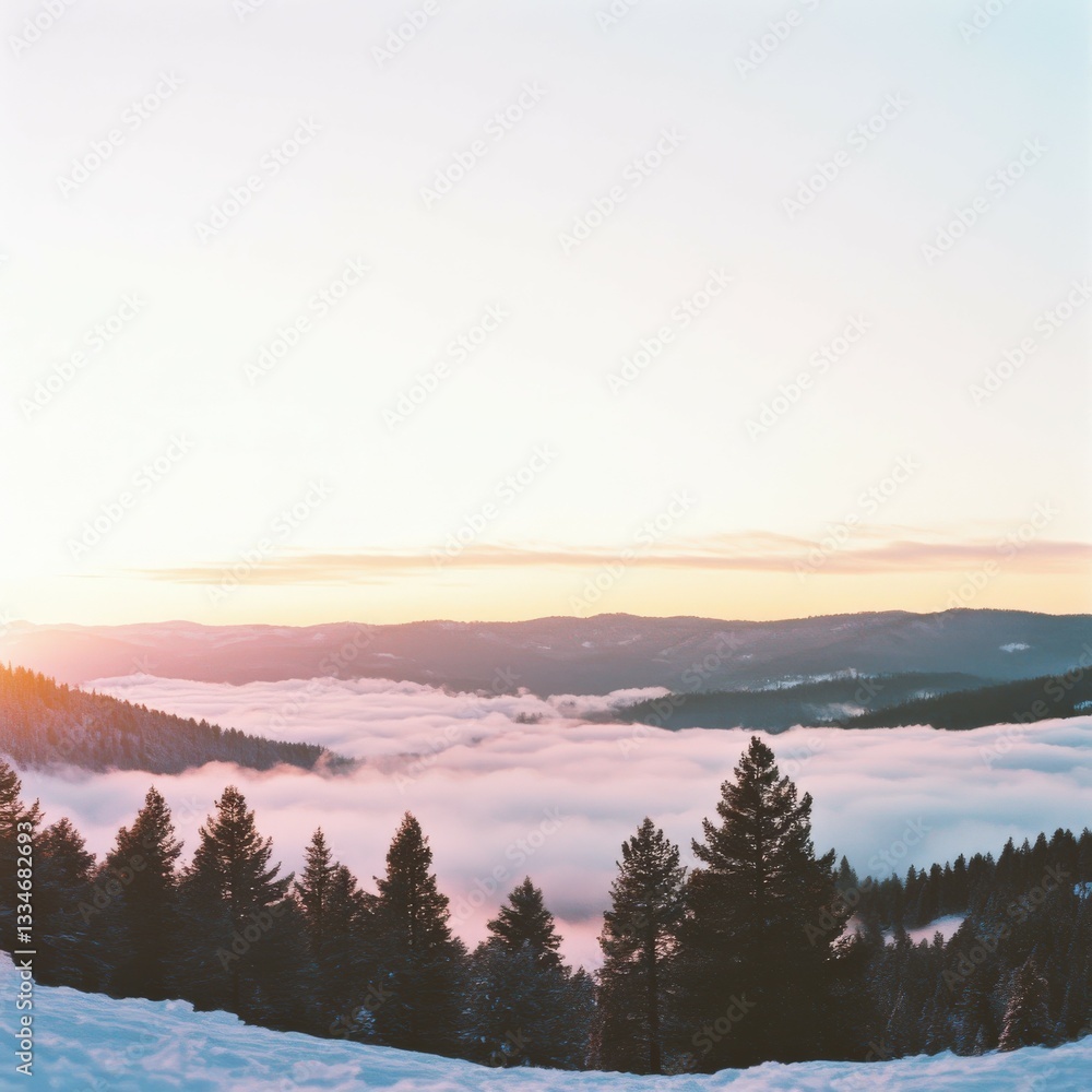 Fototapeta premium Snowy mountain sunrise over the clouds
