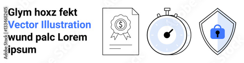 Certificate with dollar sign, stopwatch showing speed, and shield with lock. Ideal for finance, security, time management, certifications, technology trust business strategy. Flat landing page